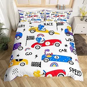 Feelyou Race Car Bedding Set for Girls Boys Kids Twin Size Cute Car Dnio Print Comforter Cover Set Room Decorative Speed Sports Car Duvet Cover Extreme Sports Blue Red Bedspread Cover 2Pcs Bedclothes