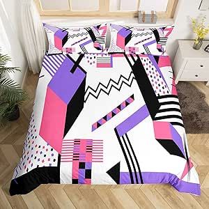 80s 90s Memphis Comforter Cover Pink Purple Vintage Memphis Bedding Set Retro Geometric Duvet Cover Eighties Funky Hipster Old Fashioned Bedspread Cover Room Decor Bedclothes Twin Size