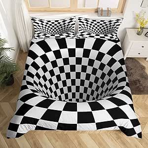 Castle Fairy Black White Grid Duvet Cover for Boys,Girls Visual Abstraction Comforter Cover Full Size,Optical Illusion Bedding Set Kids Teen Room Decor Bed Cover,Geometry Bedclothes with Zipper