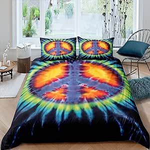 Erosebridal Hippie Hippy Bedding Set Tie Dye Duvet Cover for Kids Teens Peace Sign Comforter Cover Boho Watercolor Quilt Cover with Zipper Closure Bedclothes Decorative Boys Girls Room Twin Size