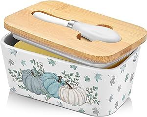 Pinata fall butter dish with lid and knife holds up to 2 Sticks, white butter dish for fall decorations for home, butter holder and fall decor (6.6x3.9x3 inches, blue white pumpkin)