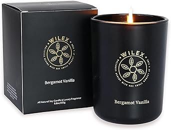 Wilex Bergamot Vanilla Strong Scented Candle|8.8oz 100% Soy Wax|55 Burn Hours|8% Premium Fragrance|Home Scented|Gift for Mother's Day|Massage Candle|Aromatherapy|Birthday Gifts, Black
