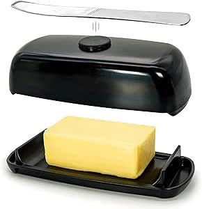 Butter Hub Extra Large Butter Dish with Lid and Knife, European Size Magnetic Butter Keeper, Easy Scoop, No Mess Lid, Plastic, Dishwasher Safe (Black)