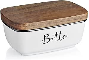 Butter Dish with Lid, ALELION Large Ceramic Butter Dish with Lid for Countertop, Butter Keeper with Thick Acacia Wood Lid, Kitchen Decor and Accessories for Kitchen Gifts, White