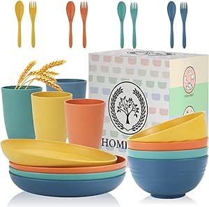 Wheat Straw Dinnerware Sets, 20pcs Dishes Dinnerware Sets Microwave and Dishwasher Safe, Lightweight Unbreakable Dish Set, Reusable Dinner Plates Kids Plates and Bowls Sets (Multicolor)