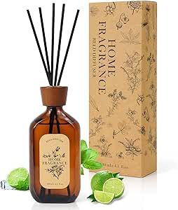Reed Diffuser, Lemongrass & Lime Reed Diffuser Scented Includes 6 Rattan Scented Sticks Diffuser Reeds, Elegant Amber Glass Reed Diffuser for Home Fragrance and Valentines Days Gift