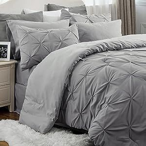 Bedsure King Size Comforter Set - Bedding Set King 7 Pieces, Pintuck Bed in a Bag Grey Bed Set with Comforter, Sheets, Pillowcases & Shams