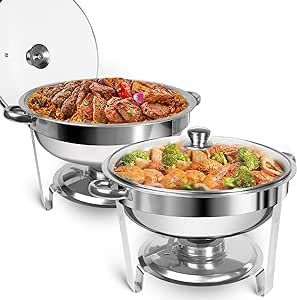 Dervipas 2 Pack 4.5QT Chafing Dish Buffet Set, Stainless Steel Round Chafers for Catering with Glass Viewing Lid & Lid Holder, Buffet Servers and Warmers Set for Parties Catering and Dinners