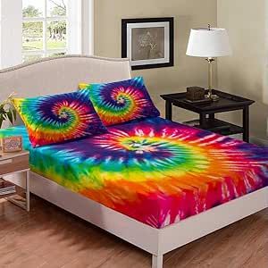 Tie-Dye Bed Sheet Girl Full Colorful Bedding Set Chic Rainbow Chic Bed Cover Decorative Bed Sheet Set Bed Covers Bedclothes Room Decor 3pcs Fitted Sheet & 2 Pillow Case
