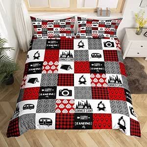 Camper Bedding Set Kids Happy Camping Comforter Cover Set for Boys Vintage Wood Grain Fire Print Duvet Cover Retro RV Camping Plaid Grid Red Black White Bedspread Cover Twin Size Bedclothes Zipper