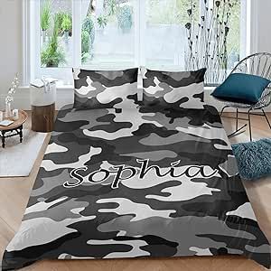 CUXWEOT Gray Camouflage Personalized Name Sherpa Fleece Quilt Cover Bedding Set Bedclothes with 1 Duvet Cover + 2 Pillowcases Twin Size
