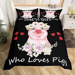 Feelyou Grils Pink Pig Comforter Cover Cartoon Pigs Pattern Bedding Set Kawaii Animals Sweetheart Floral Print Duvet Cover for Children Kids Boys Microfiber Bedspread Cover Room Decor Bedclothes Twin