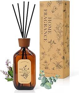 Reed Diffuser, Eucalyptus & Sage Reed Diffuser Scented Includes 6 Rattan Scented Sticks Diffuser Reeds, Elegant Amber Glass Jar Reed Diffuser for Home Fragrance, 4.1 oz, Morther's Day Gift