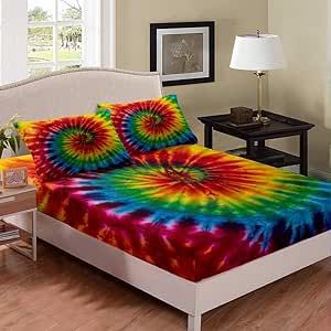 Colorful Bed Sheet Set Full Psychedelic Tie Dyed Bedding Set Spirals Tie Dye Bed Sheets for Children Kids Bed Covers Bedclothes 3Pcs Bedclothes