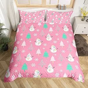 Pink Christmas Bedding Duvet Cover Set Queen Size Snowman Bedding Set for Kids Boys Girls Xmas Snowflake Winter Comforter Cover Set New Year Decor Microfiber Bedspread Cover Bedroom Bedclothes