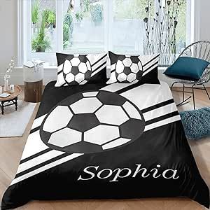 CUXWEOT Black Soccer Ball Sports Personalized Name Sherpa Fleece Quilt Cover Bedding Set Bedclothes with 1 Duvet Cover + 2 Pillowcases King Size