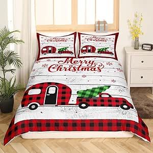 Camper Bedding Duvet Cover Set Kids Happy Camping Bedding Set Boys Girls Decor Christmas Tree Comforter Cover Set Xmas Theme Snowflake Plaid Printed Red Bedspread Cover Bedroom Bedclothes King Size