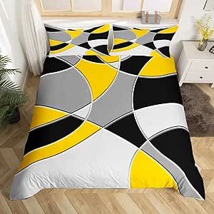 Feelyou Retro Circle Duvet Cover Yellow Grey Black Comforter Cover Circle Geometric Bedding Set for Kids Abstract Geometric Bedspread Cover Abstract Art King Size Microfiber Bedclothes Zipper