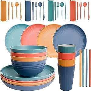 Wheat Straw Dinnerware Set - 40 PCS Plastic Plates and Bowls Sets Microwave & Dishwasher Safe, Unbreakable Tableware Set, Reusable Dinnerware, Perfect for Home Party, Camping & Outdoor Dining