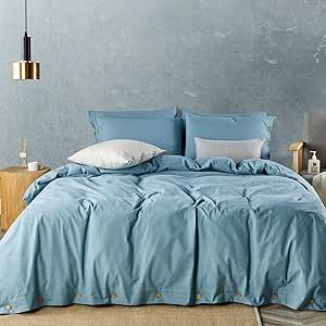 JELLYMONI Grayish Blue 100% Washed Cotton Duvet Cover Set, 3 Pieces Luxury Soft Bedding Set with Buttons Closure. Solid Color Pattern Duvet Cover Queen Size(No Comforter)