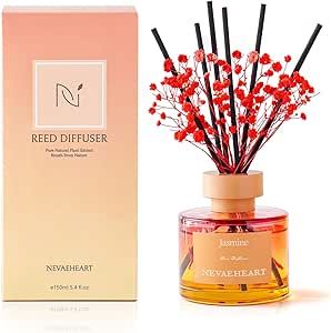 NEVAEHEART Preserved Real Flower Reed Diffuser, Jasmine/Red/Reed Diffuser Set, Oil Diffuser & Reed Diffuser Sticks, Home Decor & Office Decor, Fragrance and Gifts