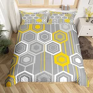 Feelyou Hexagon Bedding Set for Girls Boys Kids Yellow Gray Geometric Pattern Comforter Cover Set Modern Geometry Room Decorative Duvet Cover Abstract Art Bedspread Cover King Size 3Pcs Bedclothes