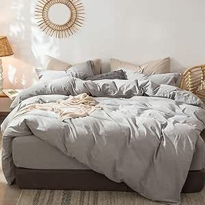 MooMee Bedding Duvet Cover Set 100% Washed Cotton Linen Like Textured Breathable Durable Soft Comfy (Ice Grey, Queen)