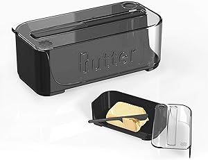 Butter Dish with Lid and Knife,Airtight Butter Container Covered Butter Dish for Countertop or Fridge,ABS Plastic Butter Dishes with an Attached Flip-Top Lid (Black)
