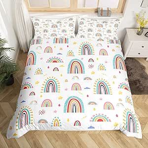 Feelyou Colorful Rainbow Comforter Cover Full, Cartoon Rainbow Bedding Set for Kids Boys Girls Kids Rainbow Duvet Cover Kawaii Bedspread Cover Kids Room Decor Breathable Bedclothes