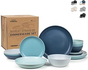 Grow Forward 16-piece Premium Wheat Straw Plastic Dinnerware Sets for 4 - Dinner Plates, Dessert Plates, Pasta Bowls, Cereal Bowls - Microwave Safe Plates and Bowls Sets, RV, Camping Dishes - Seascape