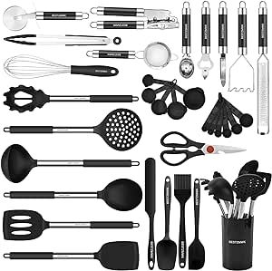 Kitchen Utensils Set-Silicone Cooking Utensils-32 pcs Non-Stick Silicone Cooking Kitchen Utensils Spatula Set with Holder-Best Kitchen Cookware with Stainless Steel Handle (Black)