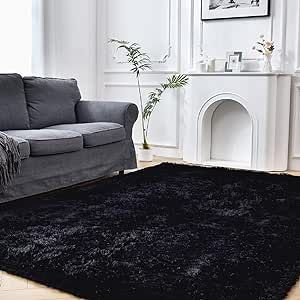 Temedara Fluffy Black Rugs for Living Room,5x8 Area Rug,Modern Shag Carpet Rugs for Bedroom,Anti-Skid Shaggy Plush Area Rug for Nursery Kids Dorm Room