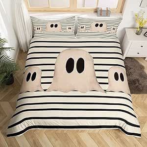 Feelyou Halloween Bedding Set for Girls Boys Kids King Size Cute Kawaii Ghost Comforter Cover Set Room Decorative Stripes Lines Duvet Cover Black White Bedspread Cover Bedclothes