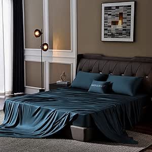 Whitney Home Textile Twin Size Sheet Set Breathable and Cooling Hotel Luxury Bed Sheets Soft Silky 16" Deep Pocket Fit Wrinkle Free Durable Easy Clean 400 Thread Count Sheets Twin Navy Blue 3 Piece