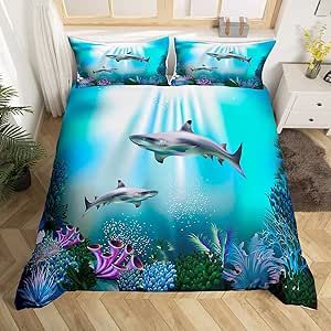 Feelyou Kids Shark Bedding Set Twin 3D Ocean Animal Duvet Cover for Girls Boys, 2 Pcs Coral Seeweed Bedding Underwater World Children Bedspread Sea Sharks Printed on Blue Bedclothes