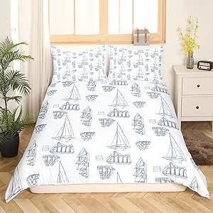 Feelyou Natural Bedding Duvet Cover Set Twin Size Coastal Bedding Set for Kids Boys Girls Decor Beach Theme Comforter Cover Set Boat Print Blue and White Bedspread Cover Bedroom Bedclothes