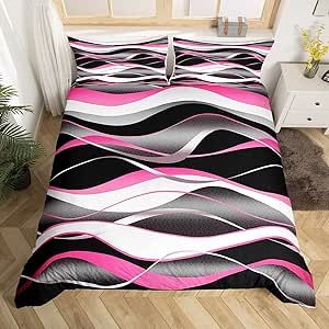 Pink Grey Black Comforter Cover Geometric Spiral Bedding Set Grey White Stripe Lines Duvet Cover for Kids Modern Abstract Bedspread Cover Retro Stripes Room Decor Bedclothes Full Size