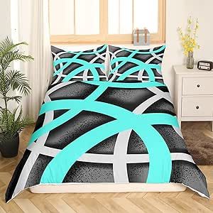 jejeloiu Teal Blue Black Bedding Set for Girls Boys Kids Full Size Geometric Strip Lines Comforter Cover Set Room Decorative Abstract Art Duvet Cover Luxury Theme Bedspread Cover 3Pcs Bedclothes
