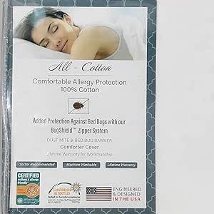 National Allergy Premium 100% Cotton Duvet Comforter Protector - Long Twin Size - 70" x 90" - White - Breathable 300 Thread Count Hypoallergenic Cover - Zippered Encasement - Bedding Linen