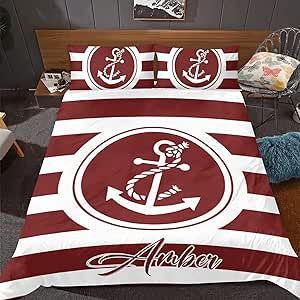 XIUCOO Custom Striped Anchor Red Name Duvet Cover Set 3 Piece Bedding Sets Personalized Bedclothes with Zipper for Birthday Wedding Queen Size Gift
