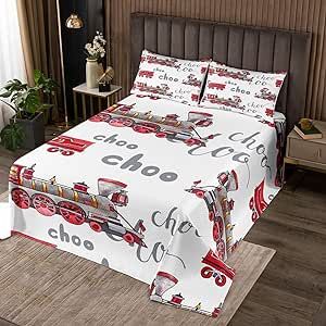 Feelyou Cartoon Car Coverlet Set Kids Train Bedspread Boys Girls Choo-Choo Rail Roads Tracks Decor Quilted Coverlet Microfiber Train Construction Quilted Bedroom Bedclothes Twin Size