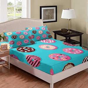 Castle Fairy Donuts Bed Sheet Girl Queen Mint Green Food Bedding Set Chic Mulit Color Dessert Chic Bed Cover Decorative Bed Sheet Set Deep Pocket Bed Covers Bedclothes 3Pcs Bedclothes