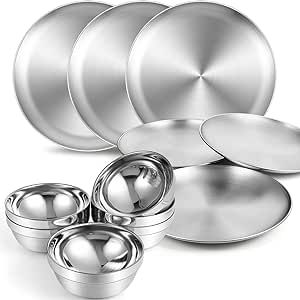 Sunnyray Stainless Steel Plates and Bowls Metal Camping Plates Reusable 13oz Steel Snack Bowls Feeding Serving Dinner Dishes Double Walled Insulated Metal Bowls for Kids (6 Set,8 Inch)
