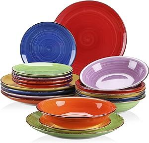 vancasso Bonita Muticolour Dinner Set 18 Pieces Stoneware Dinnerware Set for 6, Handpainted Spirals Pattern Ceramic Combination Set with 10.5in Dinner Plate, 7.5in Dessert Plate and 800ml Soup Bowl