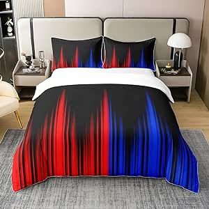 Abstract Ombre Bedding Set Queen, Red Blue and Black Duvet Cover 100% Cotton Ombre Striped Comforter Cover for Kids Toddler Geometry Lines Bedspread Cover Room Decor Lightweight Bedclothes