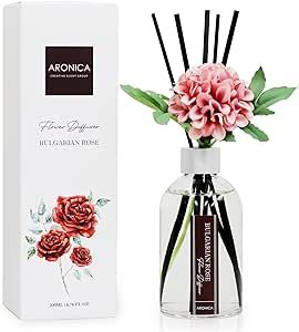 Aronica Flower Reed Diffuser, Bulgarian Rose Scent, 6.76 oz, Air Fresheners for Home, Bathroom Decor Pink, House Smell Good Products Long Lasting, Oil Diffuser Essential Oils