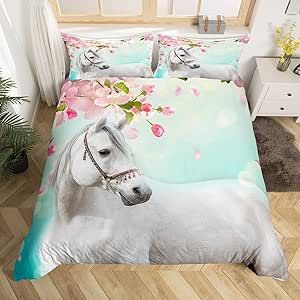 White Horse Comforter Cover Twin Size Western Cowboy Bedding Set Pink Cherry Duvet Cover Set For Kids Girls Peach Blossom Spring Nature Farm Animals Bedclothes With 1 Pillow Case Bedroom Decor