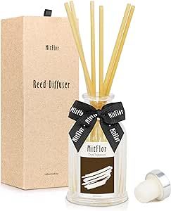 Reed Diffuser, MitFlor Oud Tobacco Fragrance Diffuser Gift Set, Woody Scent Diffuser with 6 Natural Rattan Sticks, Sleek Bedroom, Bathroom and Home Decor, 3.4 fl oz