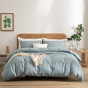 Light Blue Duvet Cover Queen, 100% Washed Cotton Linen Like Textured 3 Pieces Bedding Set, Solid Color Simple Style Luxury Relaxed Feel Natural Wrinkled Breathable Soft Comfy (Light Blue, Queen)