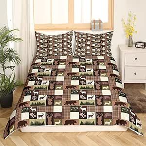 Bear Bedding Set Kids Fish Comforter Cover Set for Boys Teens Wild Animals Duvet Cover Breathable Farmhouse Plaid Grid Brown Green Bedspread Cover Twin Size Bedclothes Zipper
